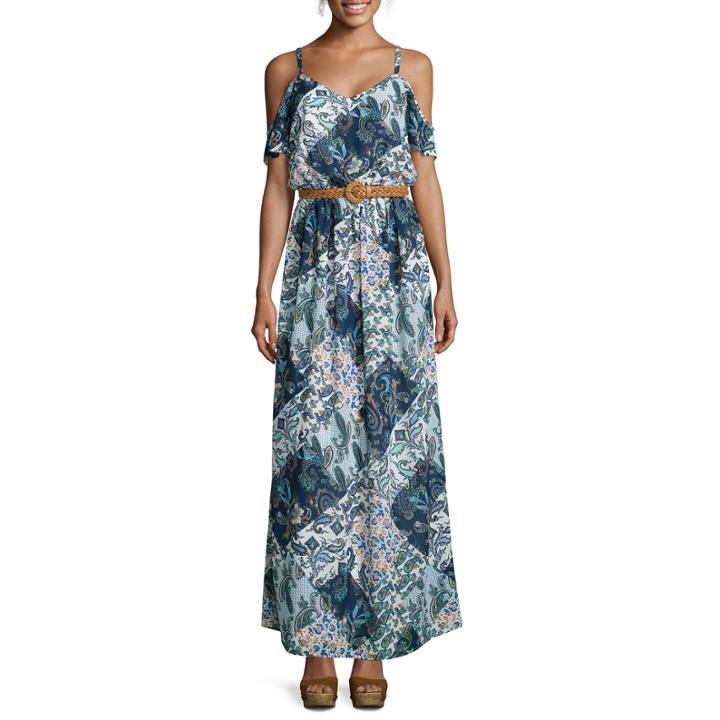 Luxology Short-sleeve Cold-shoulder Belted Print Maxi Dress