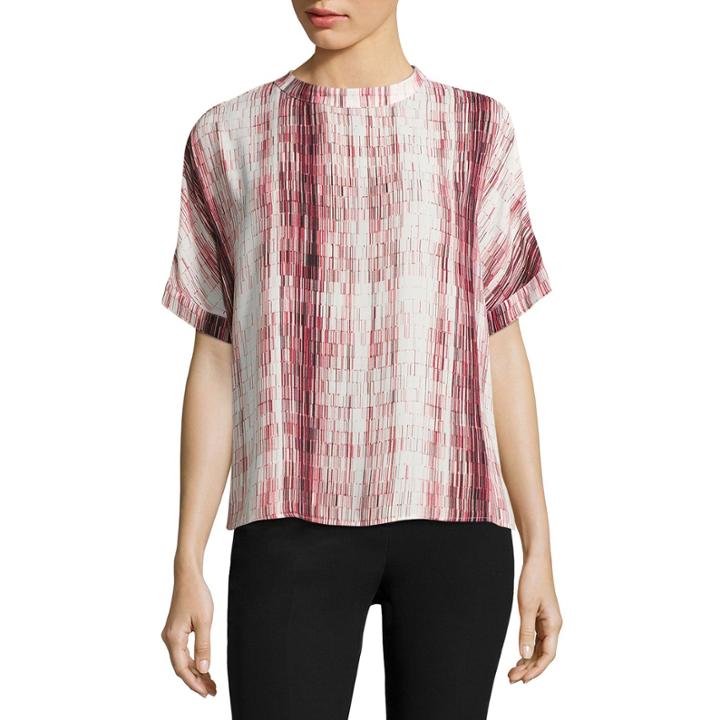 Worthington Short Sleeve Mock Neck Woven Stripe Blouse