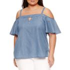 Bisou Bisou Cold Shoulder Keyhole Neck Woven Blouse-plus