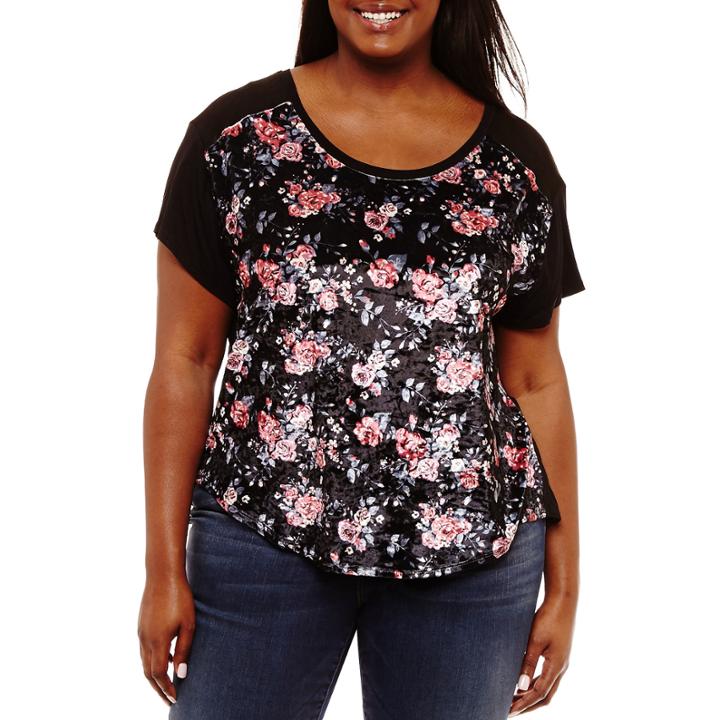 Self Esteem Short Sleeve Scoop Neck Velvet Blouse-juniors Plus