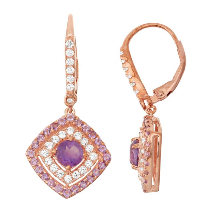 Genuine Amethyst & Lab-created White Sapphire 14k Rose Gold Over Silver Leverback Earrings