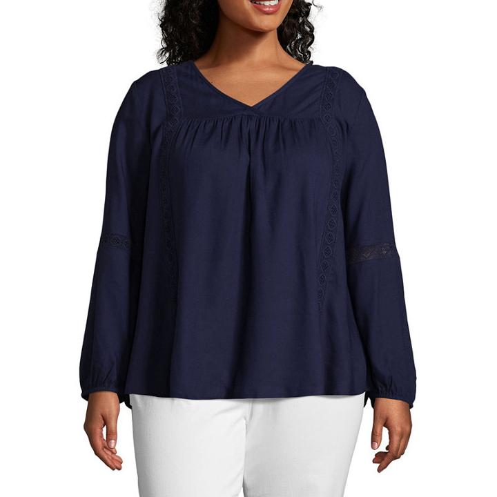 Long Sleeve V-neck Embriodered Inset Blouse - Plus