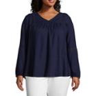Long Sleeve V-neck Embriodered Inset Blouse - Plus