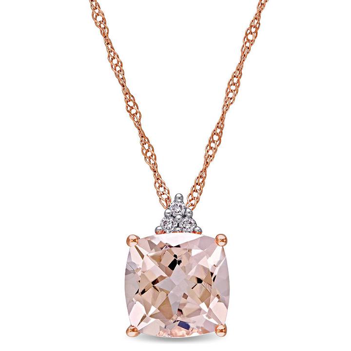 Diamond Accent Pink Morganite Cushion 14k Gold Pendant