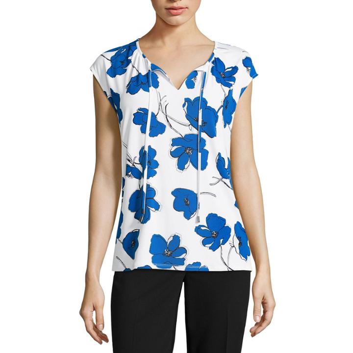 Liz Claiborne Short Sleeve Tie Neck Blouse-petites