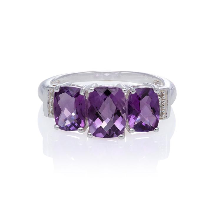 Genuine Amethyst And Diamond Accent Sterling Silver 3 Stone Ring