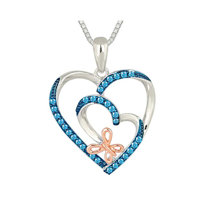 1/4 Ct. T.w. Color-enhanced Blue Diamond Heart And Butterfly Pendant Necklace