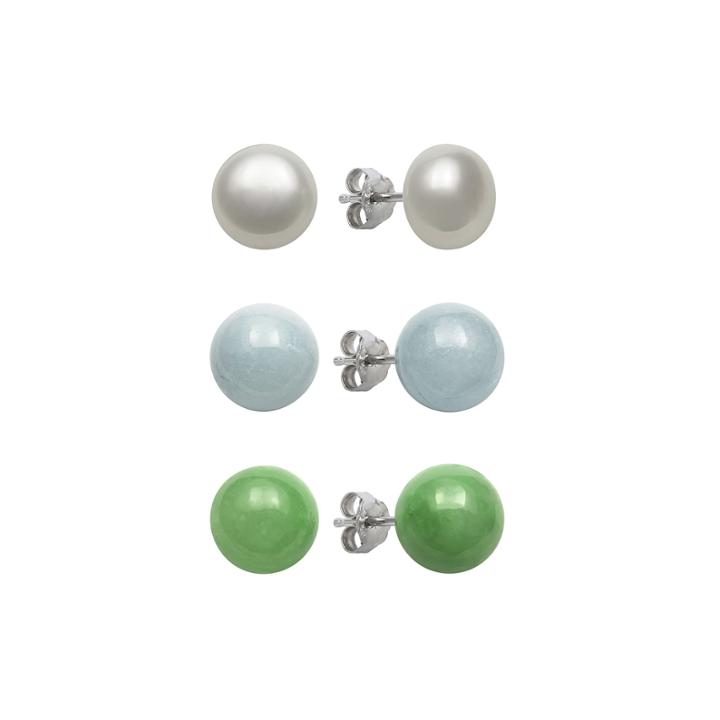 Sterling Silver Cultured Freshwater Pearl, Jade & Genuine Aquamarine Earrings