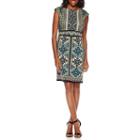 London Style Collection Cap-sleeve Scroll Print Sheath Dress