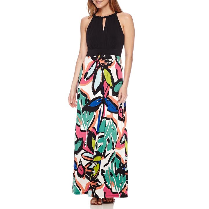 London Style Collection Sleeveless Braided Neck Floral Maxi Dress