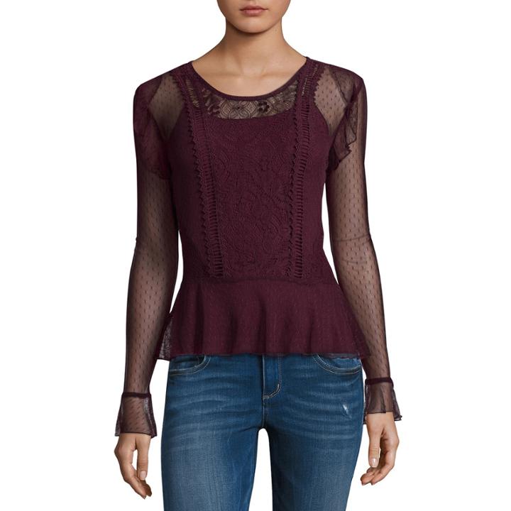 Self Esteem Long Sleeve Round Neck Lace Blouse-juniors