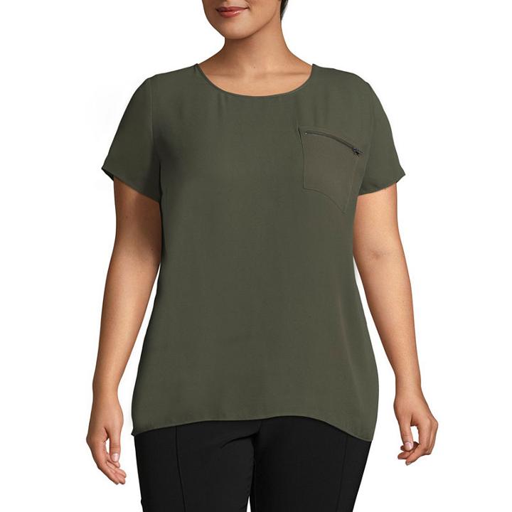 Worthington Short Sleeve Zipper Pocket Woven Blouse-plus