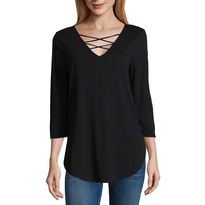 A.n.a Ana 3/4 Sleeve Lace Up Tee 3/4 Sleeve V Neck T-shirt-womens