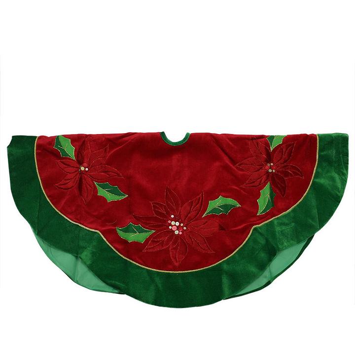 48 Red Sequined Poinsettia Christmas Tree Skirt With Green Velveteen Trim