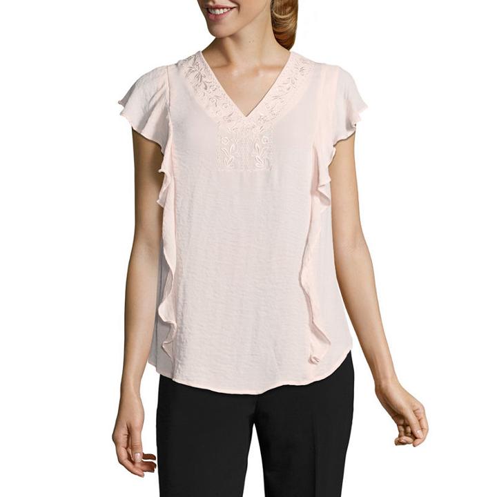 Liz Claiborne Flutter Sleeve V Neck Woven Floral Blouse