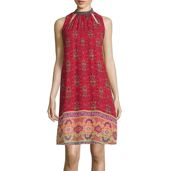 Speechless Sleeveless Beaded Mockneck Print A-line Dress