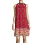 Speechless Sleeveless Beaded Mockneck Print A-line Dress