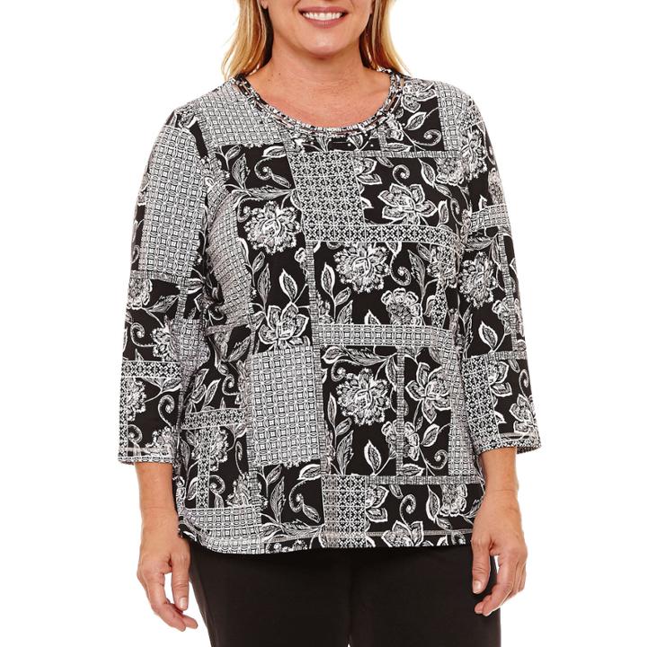 Alfred Dunner Easy Going 3/4 Sleeve Patchwork Floral T-shirt-womens Plus