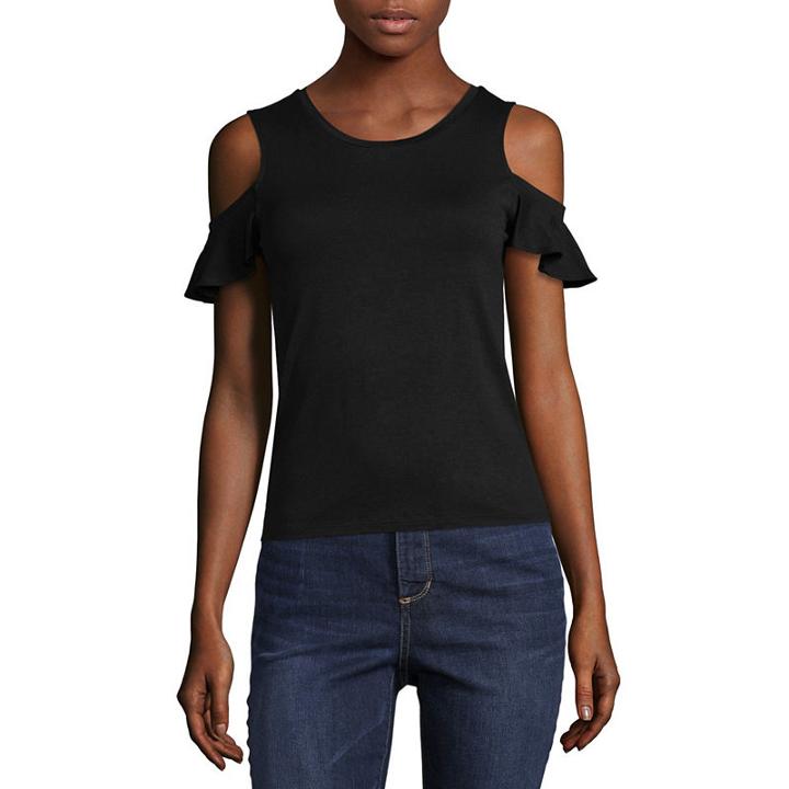 Arizona Cold Ruffle Shoulder Knit Blouse- Juniors