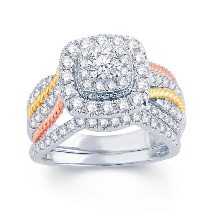 1 1/2 Ct. T.w. Diamond 14k White, Yellow & Rose Gold Engagement Ring