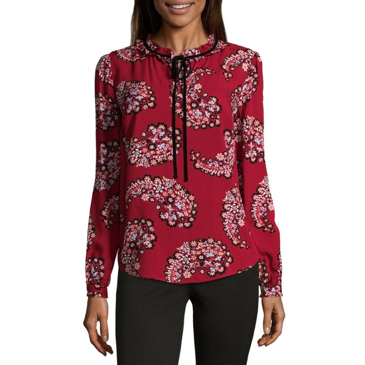 St. John's Bay Long Sleeve V Neck Woven Paisley Blouse-talls