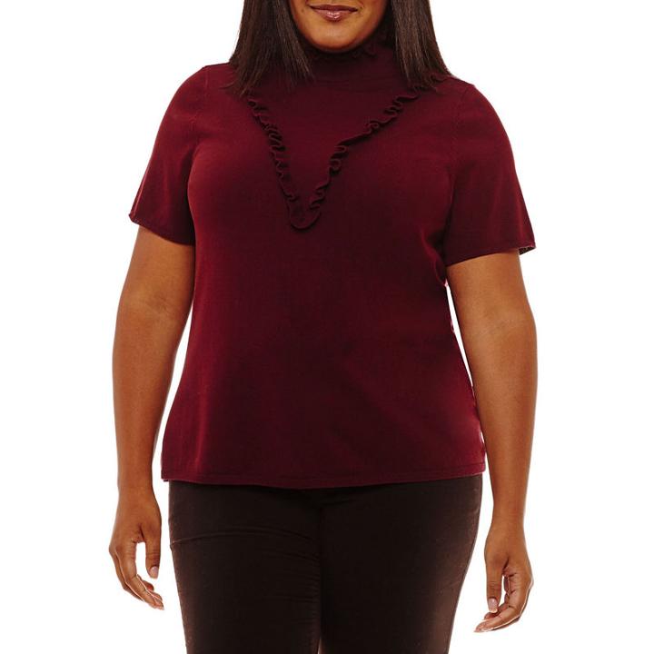 Worthington Short Sleeve Ruffle Front Pullover Sweater - Plus