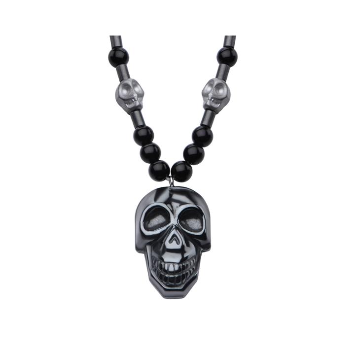 Inox Jewelry Mens Hematite Skull With Black Agate Stainless Steel Bead Pendant