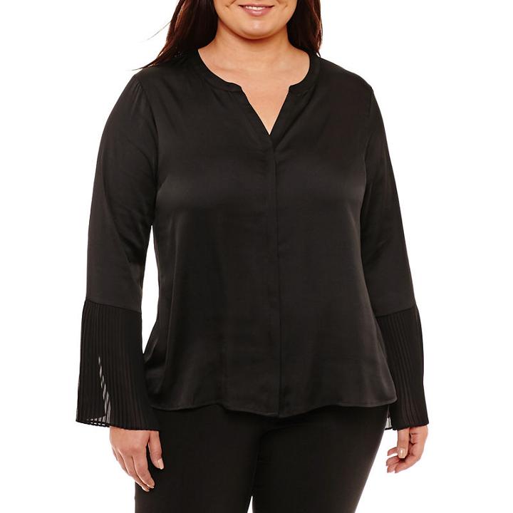 Worthington Long Pleated Sleeve V Neck Woven Blouse - Plus