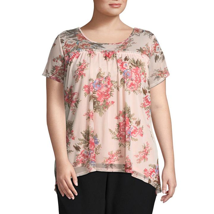 Boutique + Short Sleeve Mesh Floral T-shirt-womens Plus