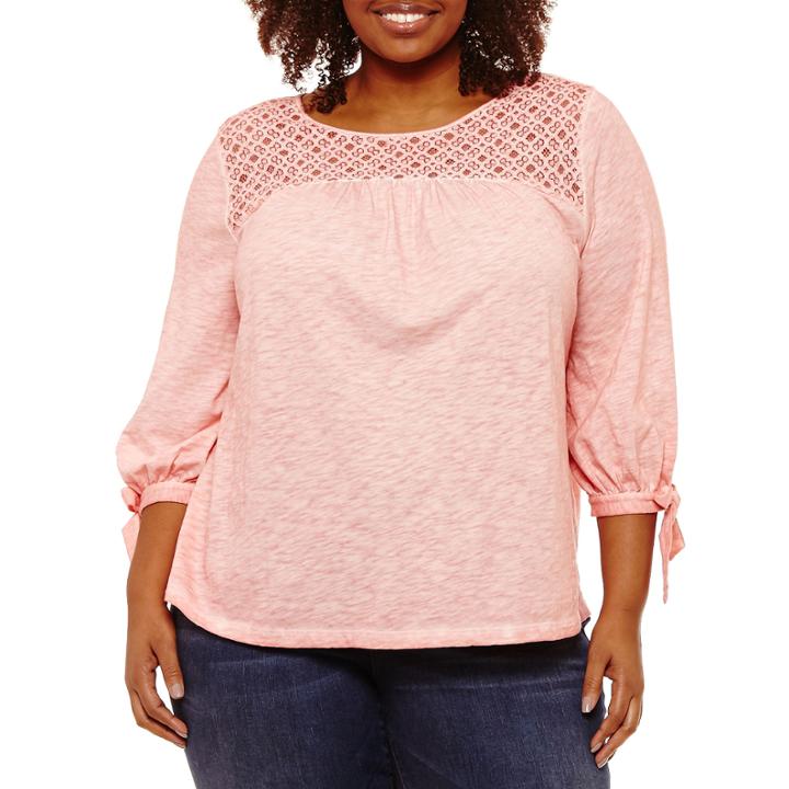St. John's Bay 3/4 Sleeve Washed Embroidered Garment Tee-plus