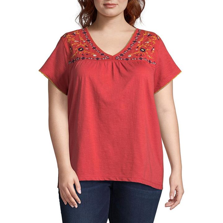 St. John's Bayshort Sleeve Embroidered V-neck Tee - Plus