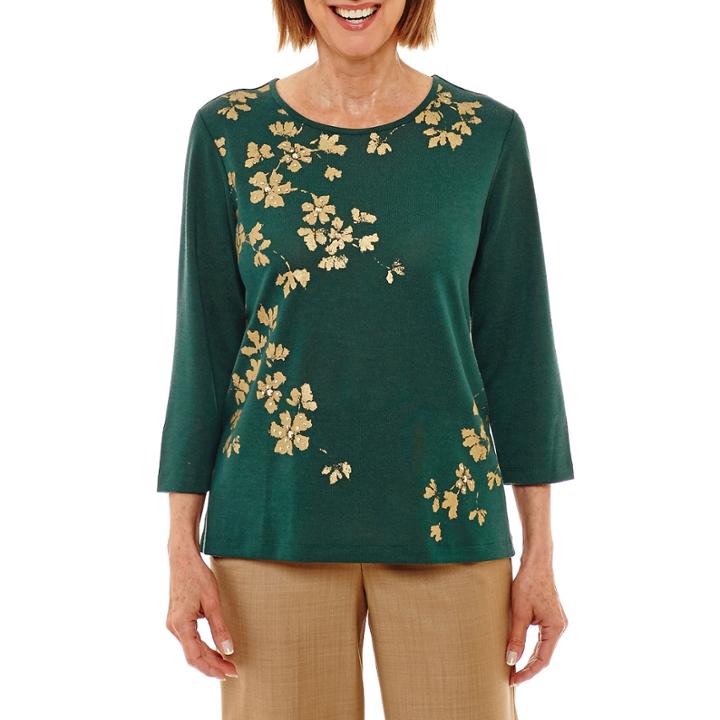 Alfred Dunner Emerald Isle 3/4 Sleeve Crew Neck Leaf T-shirt-womens Petites