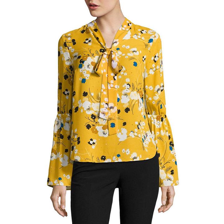 Worthington Long Sleeve V Neck Woven Blouse - Tall