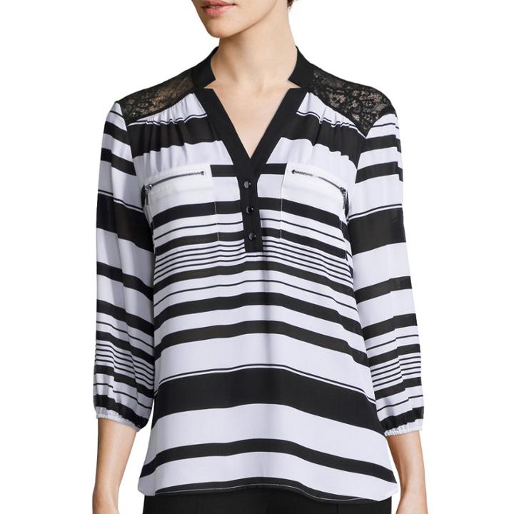 Hollywould 3/4-sleeve Striped Chiffon Top