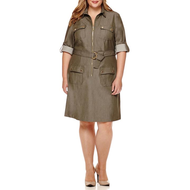 Sharagano 3/4-sleeve Zip-front Denim Belted Shirtdress - Plus