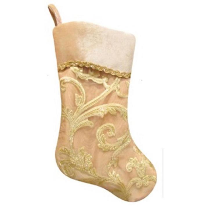 20.5 Gold Glittered Leaf Flourish Organza Christmas Stocking With Shadow Velveteen Cuff