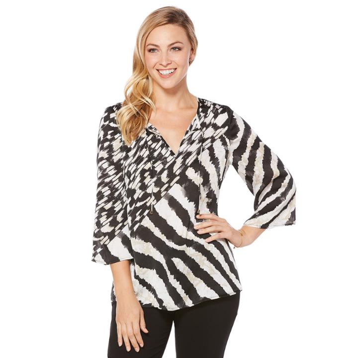 Rafaella 3/4 Sleeve V Neck Crinkle Blouse