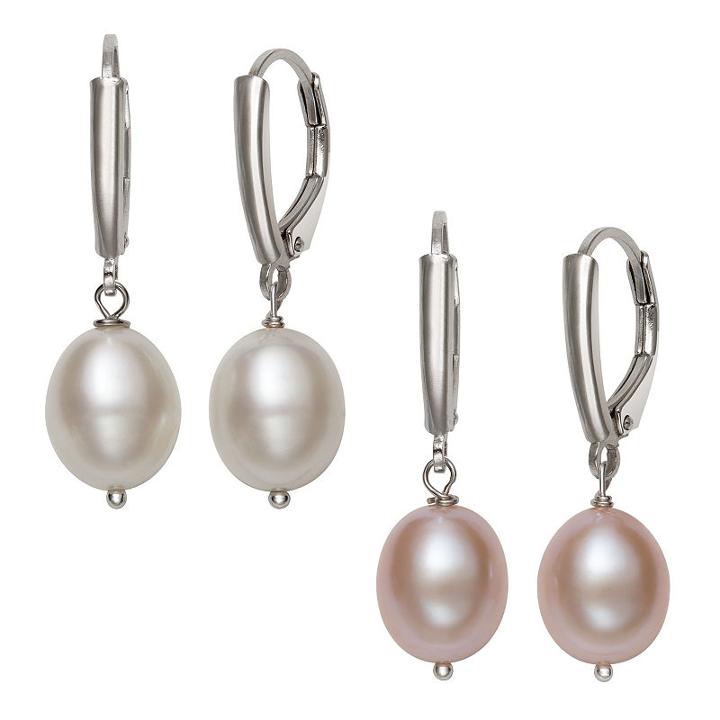 Womens 2 Pair White Pearl Sterling Silver Jewelry Set