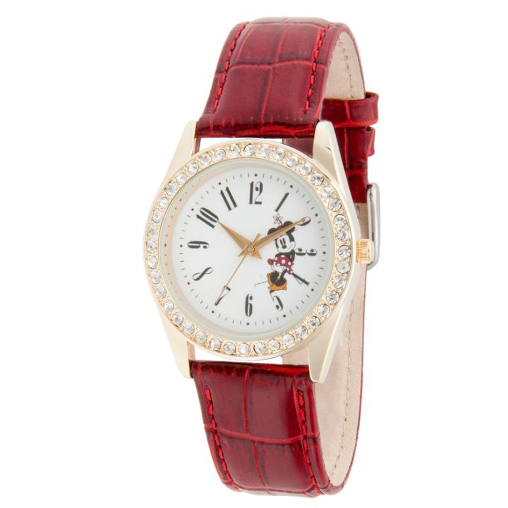 Disney Minnie Mouse Womens Red Strap Watch-wds000381