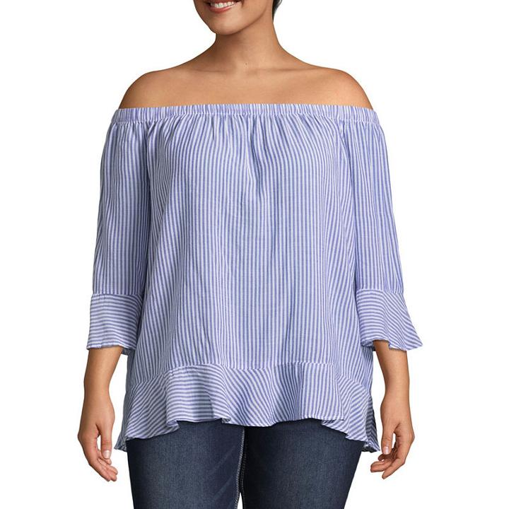 Boutique + 3/4 Sleeve Striped Woven Blouse-plus