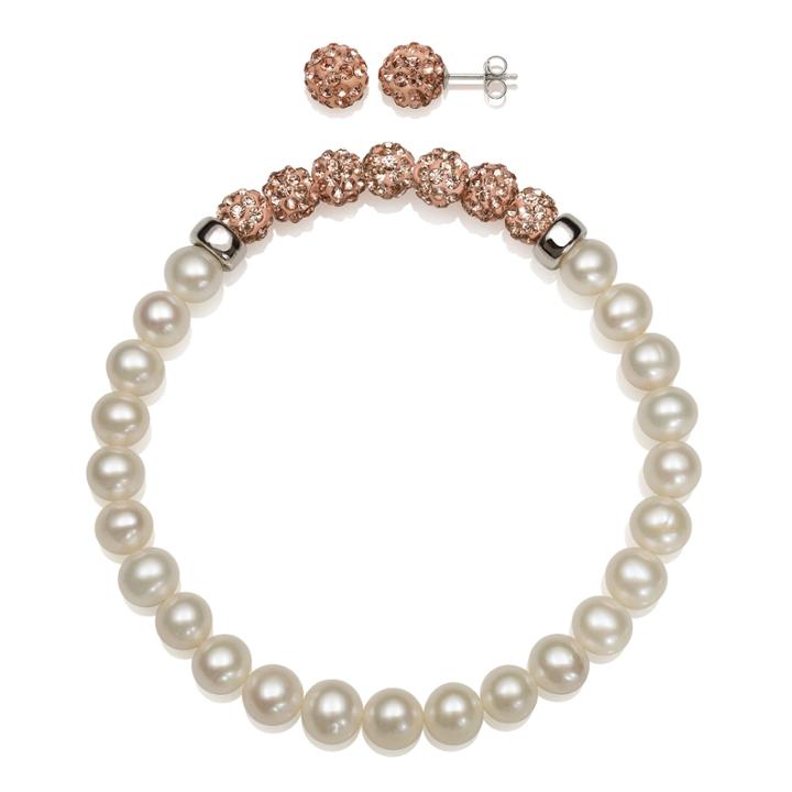 6-7mm Cultured Freshwater Pearl And 6mm Peach Lab Created Crystal Bead Sterling Silver Earring And Bracelet Set