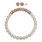 6-7mm Cultured Freshwater Pearl And 6mm Peach Lab Created Crystal Bead Sterling Silver Earring And Bracelet Set