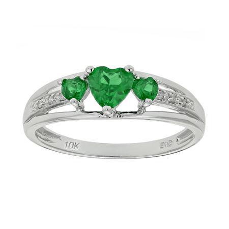 Lab-created Emerald & Diamond-accent Heart-shaped 3-stone 10k White Gold Ring