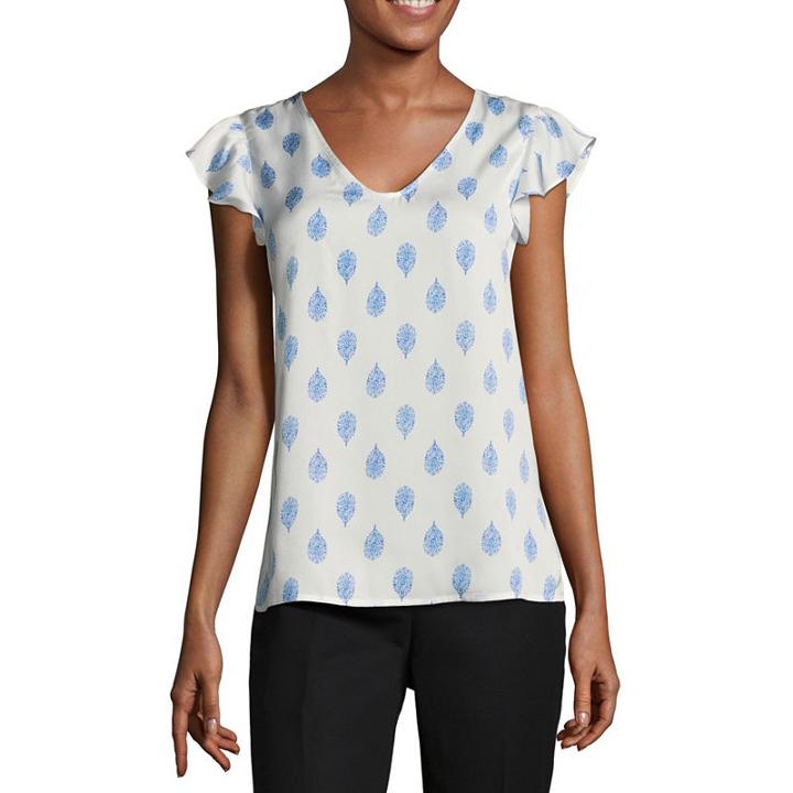 Liz Claiborne Short Sleeve V Neck Woven Blouse-petites