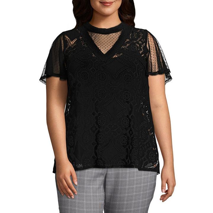 Worthington Lace High Neck Blouse - Plus