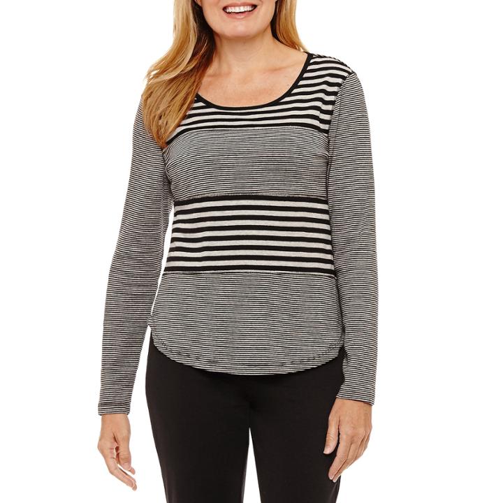 Silverwear Long Sleeve Crew Neck Stripe T-shirt-womens Petites