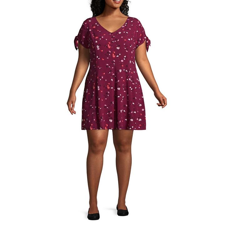 Arizona Short Sleeve Floral Fit & Flare Dress-juniors Plus