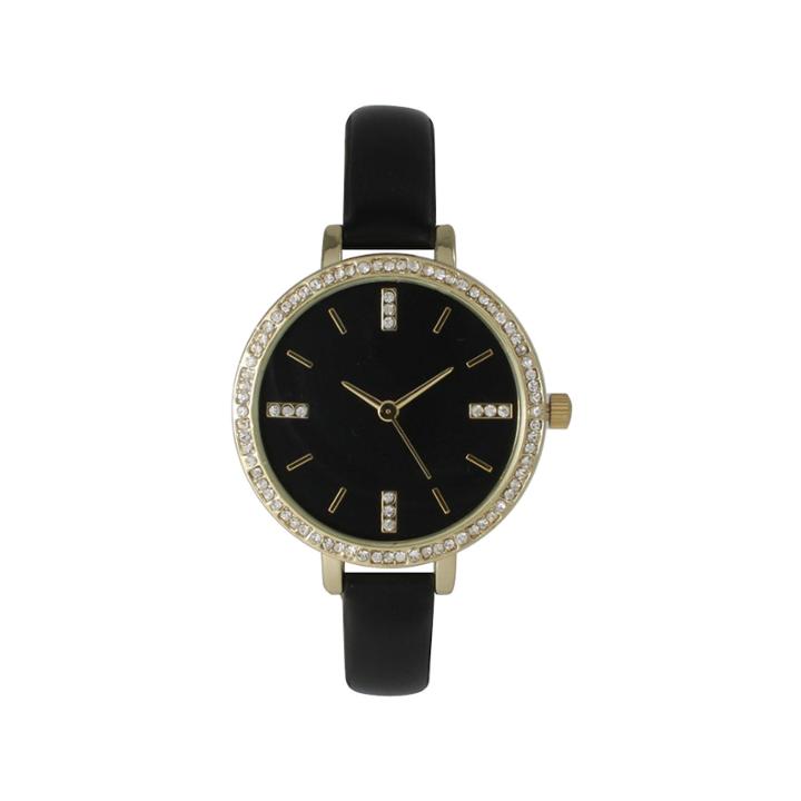 Olivia Pratt Womens Rhinestone Bezel Rhinestone Dial Black Leather Watch 15321