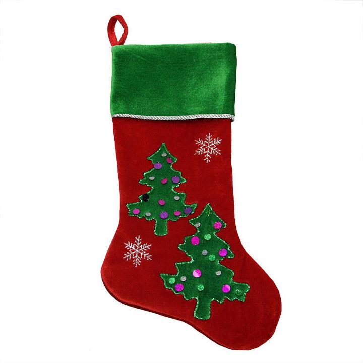 20 Red Velveteen Sequined Christmas Tree Stocking With Green Cuff