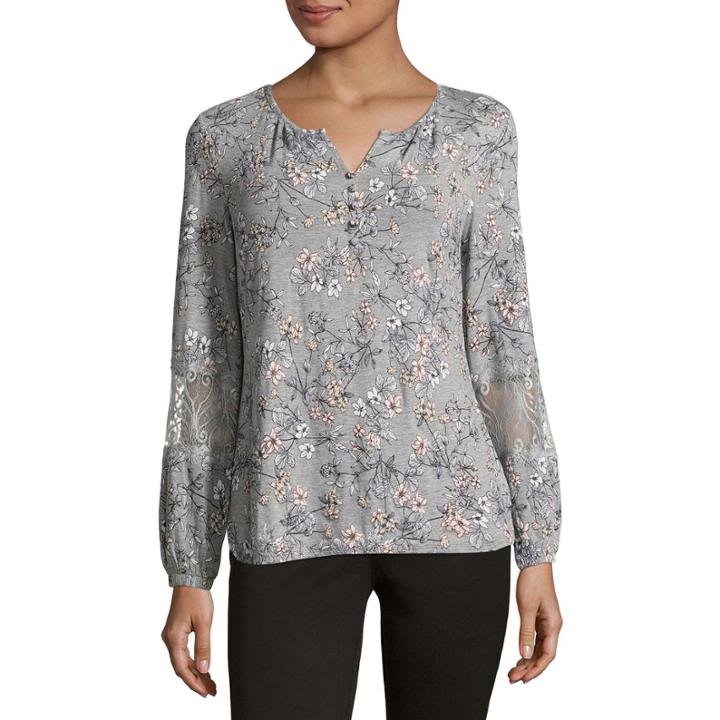 Liz Claiborne Long Sleeve Split Neck Floral T-shirt-womens
